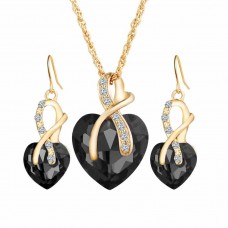 Stainless steel gold chain black heart rhinestone jewelry set - JS498