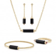 Stainless Steel Jewelry Set Black Onyx Necklace Earrings Bracelet Ring - JS513