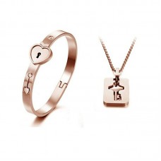 Valentines Love Heart Key Lock Matching Bangle Tag Pendant Set - JS532