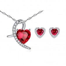 Silver Heart Ruby Pendant Earrings Jewelry Set Valentines Gifts - JS533