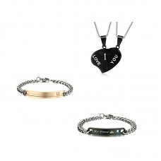 Stainless Steel Valentine Couple Pendant Necklace Bracelet Set - JS539