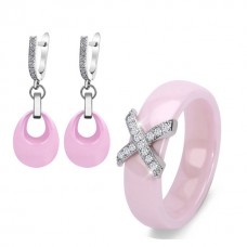 X Cross Ceramic Ring Water Drop Earrings Pink Jewelry Set  - JS555