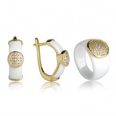 White Ceramic Jewelry Set Gold Plated CZ Earrings Ring Set - JS556