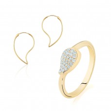 Gold Water Drop Necklace Hoop Earrings CZ Ring Jewelry Set - JS558