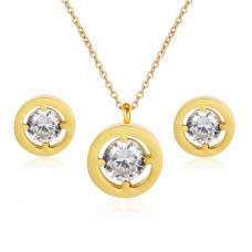 Stainless steel gold plated round shape cz jewelry set - JS490