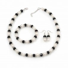 Black bead white pearl jewelry set necklace bracelet earrings - JS486