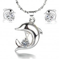 Stainless steel crystal CZ dolphin silver color jewelry set - JS489