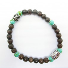 Stainless Steel Sandalwood Bead Green Agate Bracelet Bangle - B502