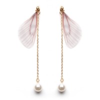 Sweet chiffon wings asymmetric artificial pearl earrings