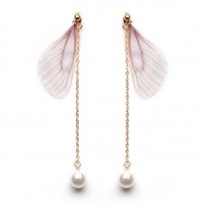Sweet chiffon wings asymmetric artificial pearl earrings