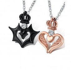 Aienid Couple Necklace for Him and Her Set Heart Crown Pendant Stainless Steel 