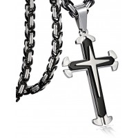 5mm Stainless Steel Cross Necklace for Men Byzantine Chain, 22-30 inches