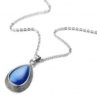 Unique Tear Drop Pendant Necklace Stainless Steel with Blue Cat Eye Stone and 20 Inches Chain
