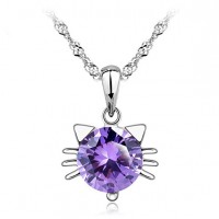  Purple Cat Pendant Necklace Stud Earring Cubic Zirconia Jewelry Sets