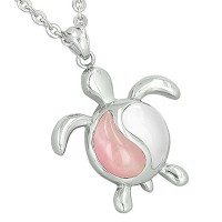 Turtle Yin Yang Balance Powers Lucky Charm Candy Pink White Simulated Cats Eye Pendant 18 Inch Necklace