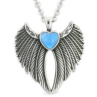 Angel Wings Magic Heart Protection Powers Amulet Aqua Blue Simulated Cats Eye Pendant 18 inch Necklace