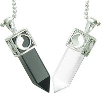 Yin Yang Love Couple Amulets Crystal Points Simulated Onyx White Simulated Cats Eye Pendant Necklaces