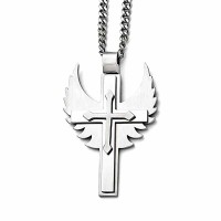 Stainless Steel Cross Wings Pendant Men Women Necklace Silver - N1083