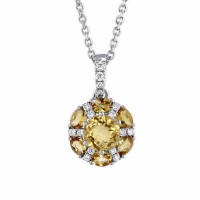 Silver Color Round Citrine & Crystal Circle Pendant Necklace - N1085