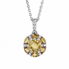 Silver Color Round Citrine & Crystal Circle Pendant Necklace - N1085