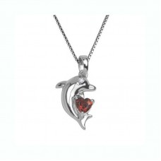 Stainless Steel Dolphin Pendant with Genuine Garnet Heart and Diamond Accent - N581