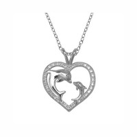 Stainless Steel Kissing Dolphins Heart Pendant with Diamond Accent - N582