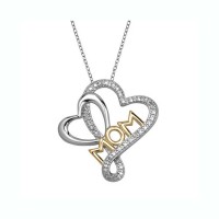 Stainless Steel Two-Toned Double Heart "MOM" Pendant with Diamond Accent - N583
