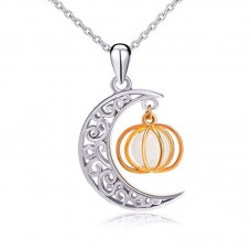 Stainless Steel Moon and Pumpkin Luminous Beads Glow Pendant Necklace, 18 inches