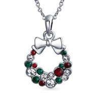 Crystal Christmas Wreath Bow Pendant Necklace 16in Rhodium Plated