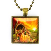 Thanksgiving Day Feast Pumpkin Harvest Antique Bronze Glass Pendant Necklace