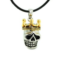 Men's Stainless Steel Skull With Gold Crown Pendant Necklace - N734