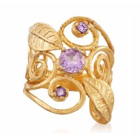 Stainless Steel Gold Plated Amethyst Leaf Ring - R1160