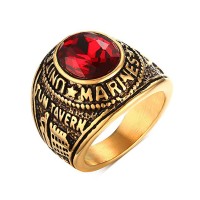 Stainless Steel Gold Plated Tun Taverk Red Stone United States Military Corps Rings for Men