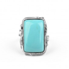 Rectangle Turquoise With Silver Leaves Stainless Steel Ring - R1101