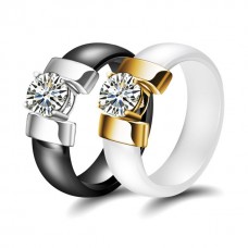 White Black Ceramic Rings Plus CZ Gold Color Stainless Steel - R1162