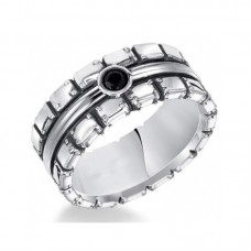 Stainless Steel Man's Ring with Round Black Diamond Center - R842