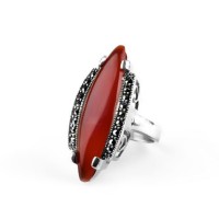 Fashion Fancy Carnelian & Marcasite Stainless Steel Ring