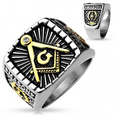 Freemasons Masonic IP Gold and Burnished Square Face Stainless Steel Casting Ring