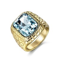 Blue Synthetic Aquamarine Cubic Zirconia Gold Color Luxury Engraved Stainless Steel Mens Ring 