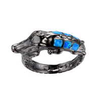 Blue Fire Opal Lifelike Alligator Shape Black Gold Plated Stainless Steel Rings for Women's Halloween 