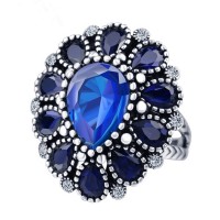 2017 Vintage Women Blue Crystal Flower Wedding Stainless Steel Ring for Women Party Black Friday Gift